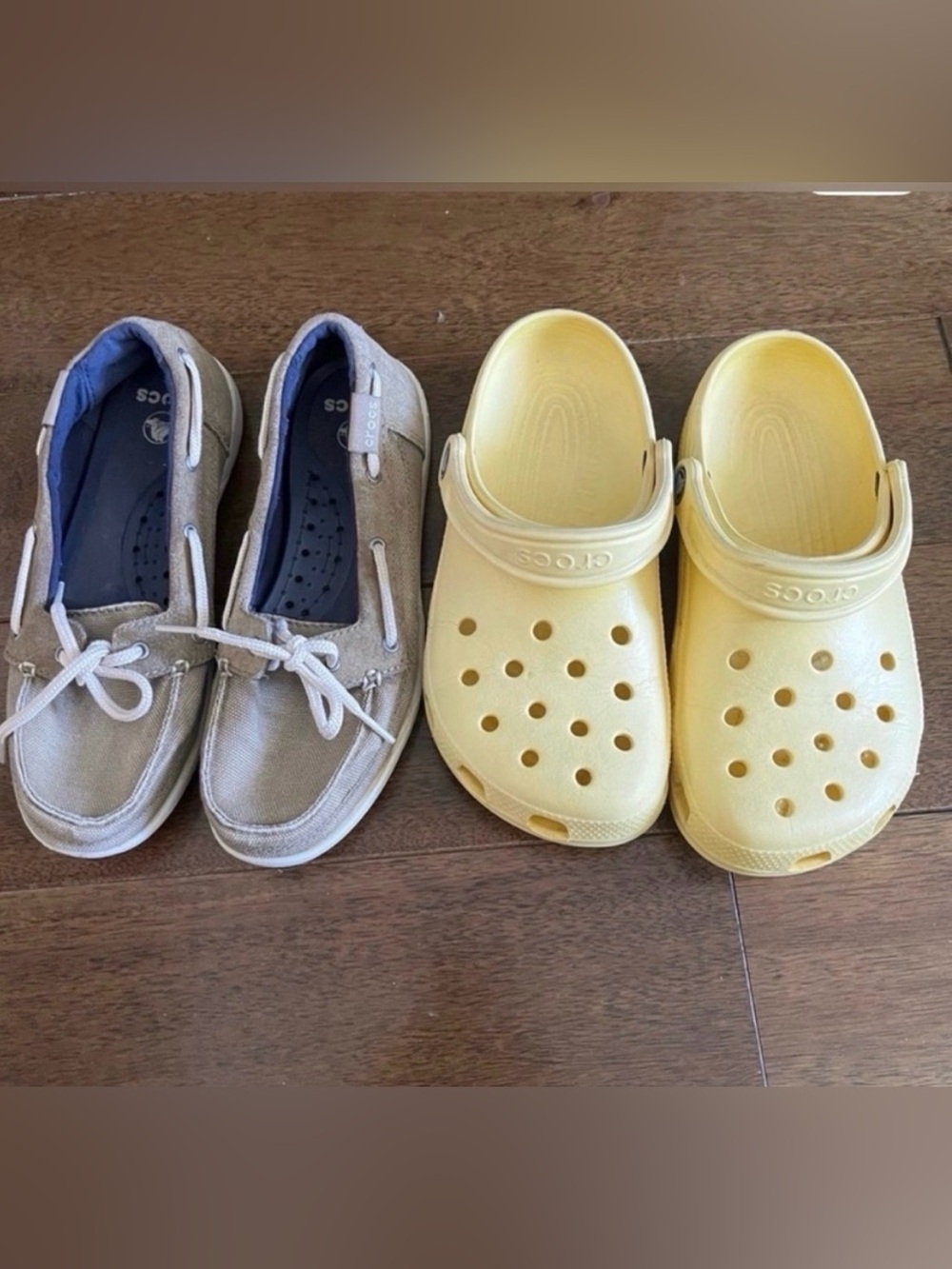 CROCS Classic Clog in Pale Yellow and Grey ones with ties